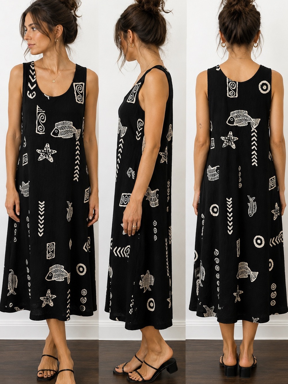 Vintage 90s KOAH Crinkle Fish Print Swing Dress Artsy Coastal Boho M
